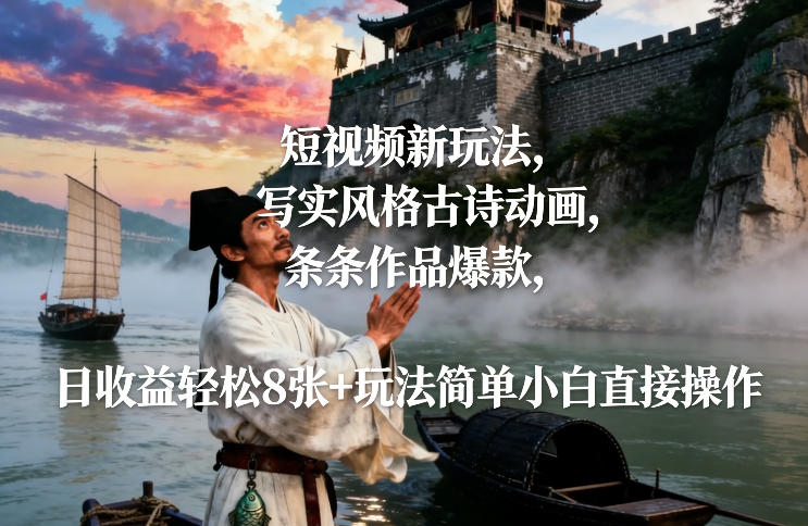 短视频新玩法，写实风格古诗动画，条条作品爆款，日收益轻松8张+玩法简单小白直接操作-16888副业资讯