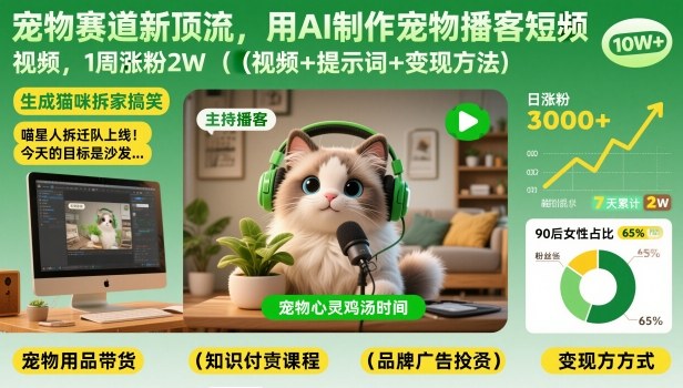 宠物赛道新顶流，用AI制作宠物播客短视频，1周涨粉2W（视频+提示词+变现方法）-16888副业资讯