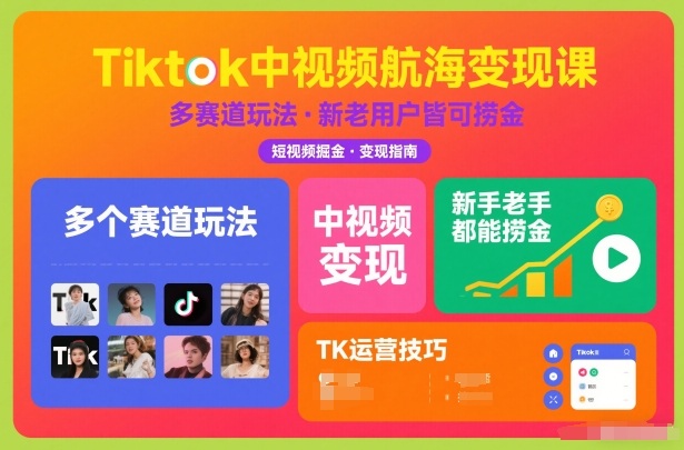Tiktok中视频航海变现课，多个赛道玩法，新手老手都能在TK中视频捞金-16888副业资讯