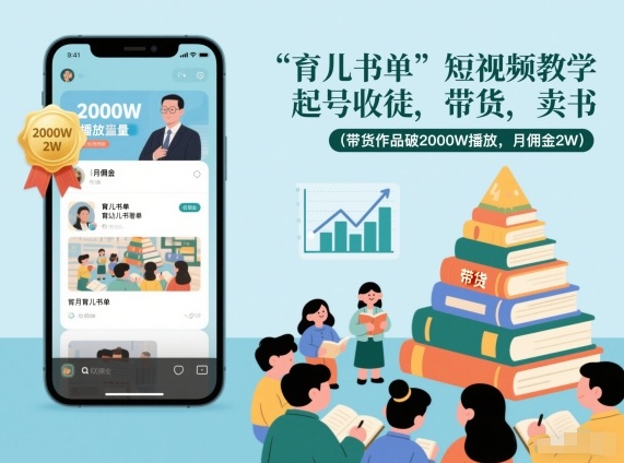 育儿书单短视频教学，起号收徒，带货，卖书（带货作品破2000W播放，月佣金2W）-16888副业资讯