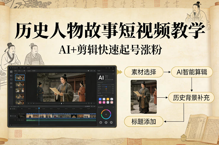历史人物故事短视频教学，AI+剪辑制作历史人物题材短视频，快速起号涨粉-16888副业资讯