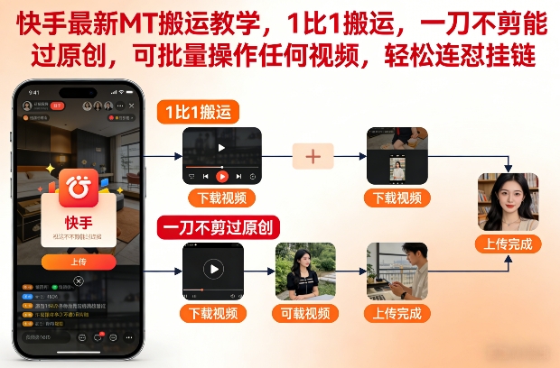 快手最新MT搬运教学，1比1搬运，一刀不剪能过原创，可批量操作任何视频，轻松连怼挂链-16888副业资讯
