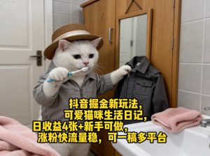 抖音掘金新玩法，可爱猫咪生活日记，日收益4张+新手可做，涨粉快流量稳，可一稿多平台-16888副业资讯