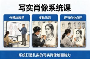写实肖像系统课，全程分模块教学+多轮示范+逐节作业点评，系统打造扎实的写实肖像绘画能力-16888副业资讯