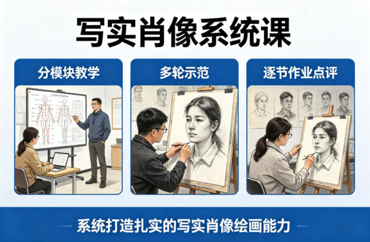 写实肖像系统课，全程分模块教学+多轮示范+逐节作业点评，系统打造扎实的写实肖像绘画能力-16888副业资讯
