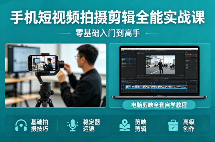 手机短视频拍摄剪辑全能实战课：零基础入门到高手，稳定器运镜+电脑剪映全套自学教程-16888副业资讯