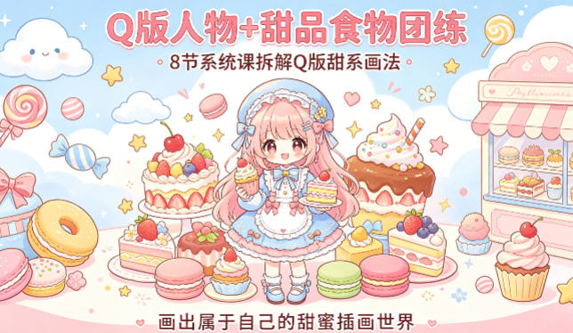 Q版人物+甜品食物团练，8节系统课拆解Q版甜系画法，画出属于自己的甜蜜插画世界-16888副业资讯