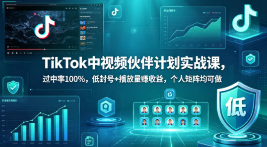 TikTok中视频伙伴计划实战课，过中率100%，低封号+播放量賺收益，个人矩阵均可做-16888副业资讯