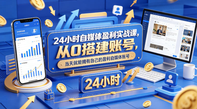 24小时自媒体盈利实战课，从0搭建账号，当天就能拥有自己的盈利自媒体账号-16888副业资讯