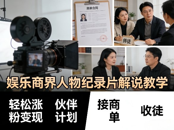 娱乐商界人物纪录片解说教学，轻松涨粉变现，伙伴计划，接商单，收徒等-16888副业资讯