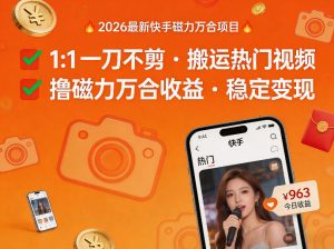 2026年最新快手磁力万合项目，1比1一刀不剪搬运热门视频，撸磁力万合收益-16888副业资讯