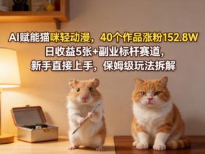 AI赋能猫咪轻动漫，40个作品涨粉152.8W，日收益5张+副业标杆赛道，新手直接上手，保姆级玩法拆解-16888副业资讯