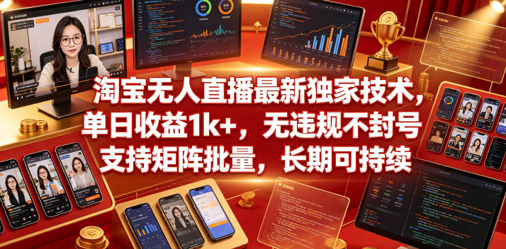 淘宝无人直播最新独家技术，单日收益1k+，无违规不封号，支持矩阵批量，长期可持续【揭秘】-16888副业资讯