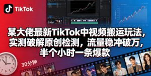 某大佬最新TikTok中视频搬运玩法，实测破解原创检测，流量稳冲破万，半个小时一条爆款-16888副业资讯