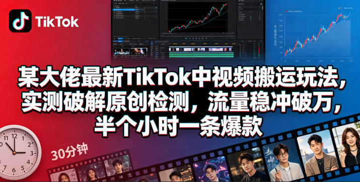 某大佬最新TikTok中视频搬运玩法，实测破解原创检测，流量稳冲破万，半个小时一条爆款-16888副业资讯