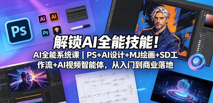 解锁AI全能技能！AI全能系统课｜PS+AI设计+MJ绘画+SD工作流+AI视频智能体，从入门到商业落地-16888副业资讯