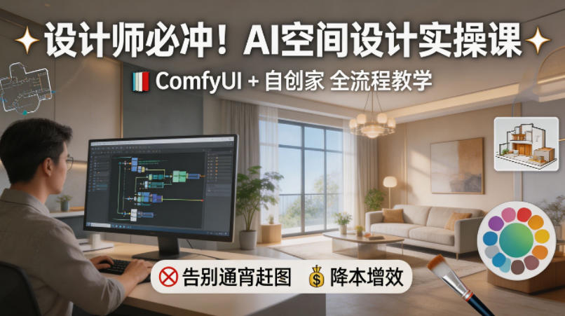 设计师必冲！AI空间设计实操课，ComfyUI+自创家全教学，告别通宵赶图，降本增效-16888副业资讯