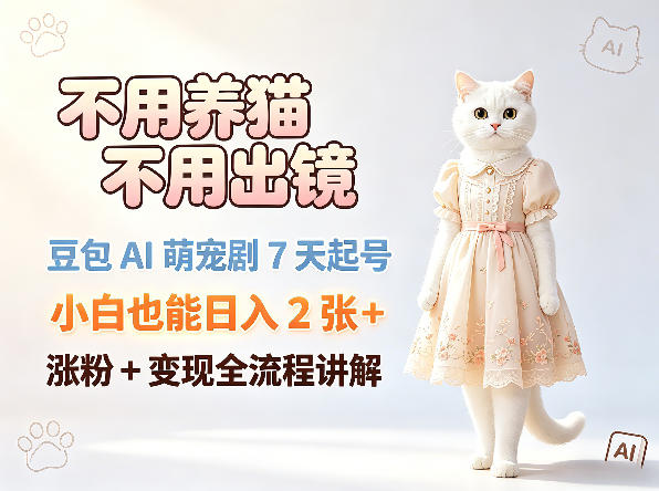 不用养猫不用出镜,豆包AI萌宠剧7天起号,小白也能日入2张+,涨粉+变现全流程讲解