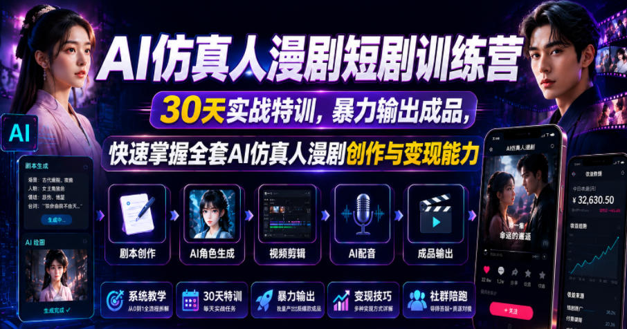 AI仿真人漫剧短剧训练营，30天实战特训，暴力输出成品，快速掌握全套AI仿真人漫剧创作与变现能力-16888副业资讯
