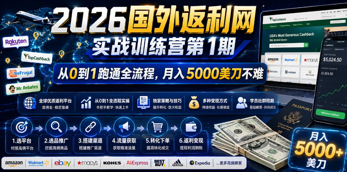 2026年国外返利网实战训练营第1期，从0到1跑通全流程，月入5000美刀不难-16888副业资讯