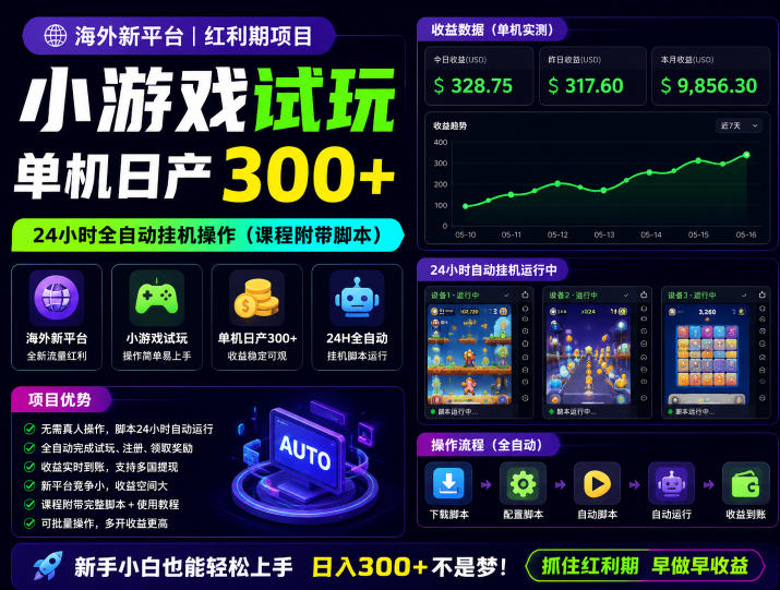 海外新平台，小游戏试玩，单机日产300+，24小时全自动挂G操作（课程附带脚本）【揭秘】-16888副业资讯