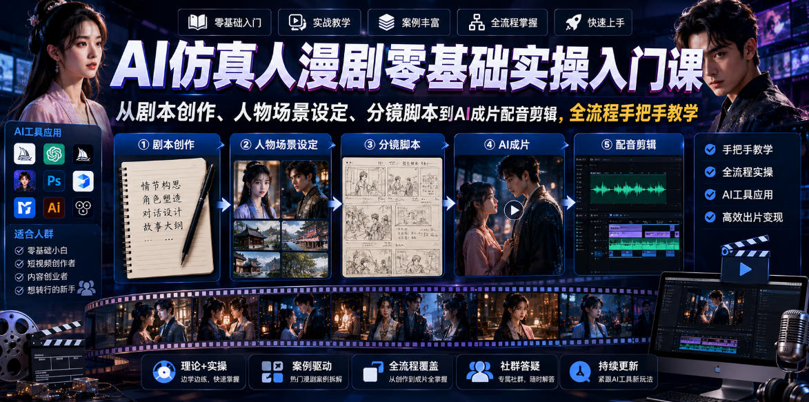 AI仿真人漫剧零基础实操入门课，从剧本创作、人物场景设定、分镜脚本到AI成片配音剪辑，全流程手把手教学-16888副业资讯