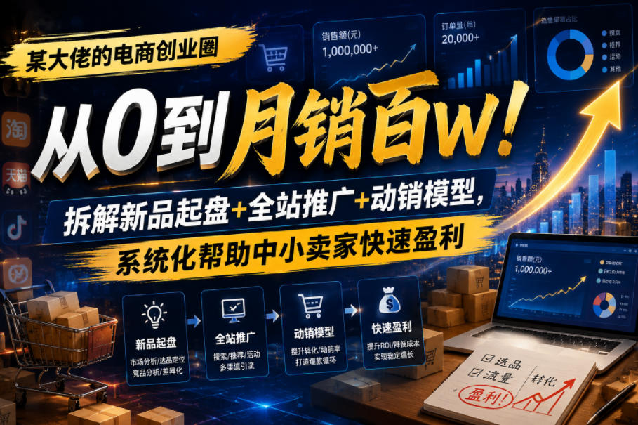 某大佬的电商创业圈从0到月销百W！拆解新品起盘+全站推广+动销模型，系统化帮助中小卖家快速盈利-16888副业资讯