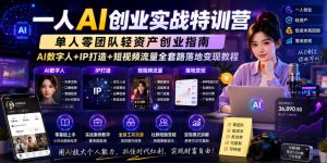 一人AI创业实战特训营，单人零团队轻资产创业指南，AI数字人+IP打造+短视频流量全套路落地变现教程-16888副业资讯