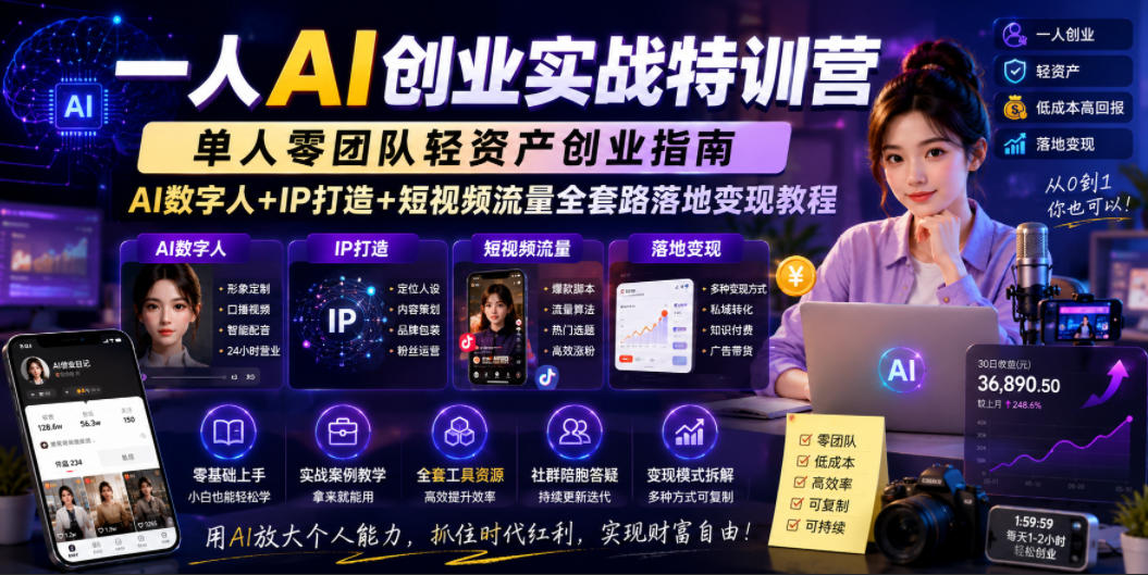 一人AI创业实战特训营，单人零团队轻资产创业指南，AI数字人+IP打造+短视频流量全套路落地变现教程-16888副业资讯