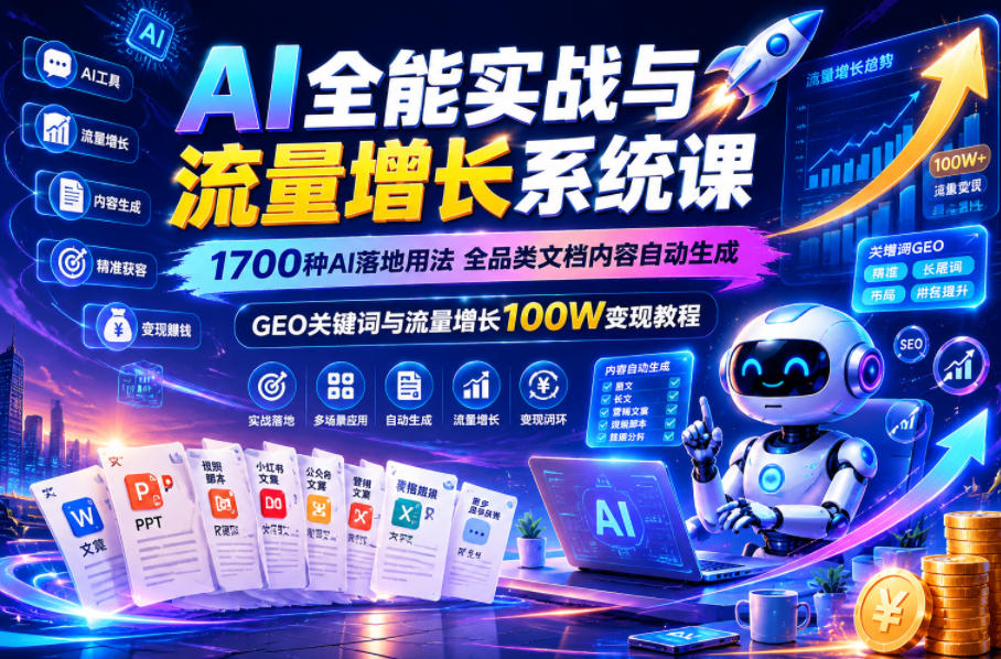 AI全能实战与流量增长系统课，1700种AI落地用法，全品类文档内容自动生成，GEO关键词与流量增长100W变现教程-16888副业资讯