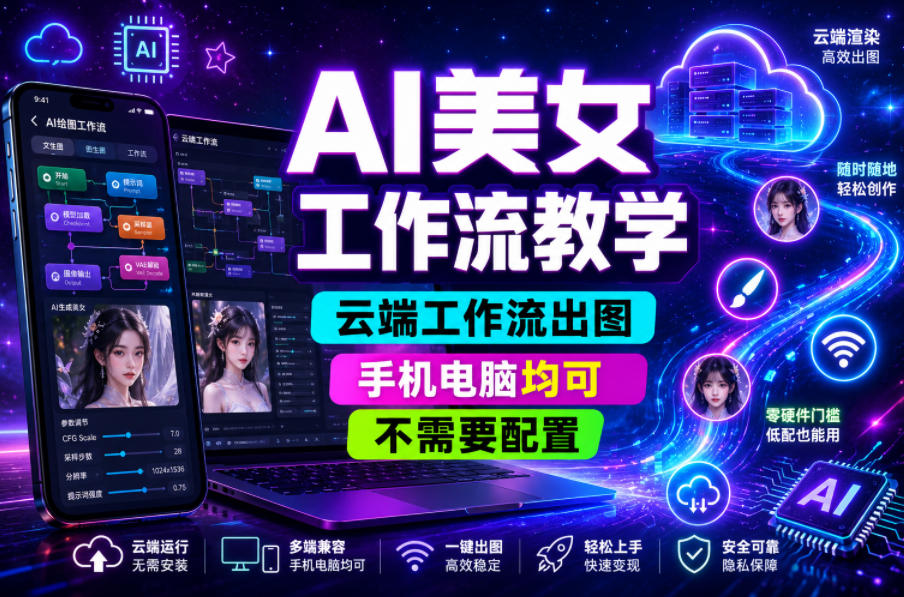 AI美女工作流教学，云端工作流出图，手机电脑均可，不需要配置，快速起号涨粉-16888副业资讯