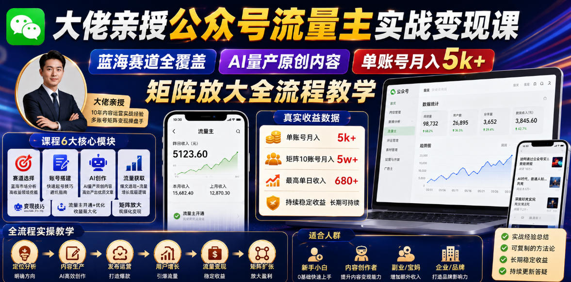 大佬亲授公众号流量主实战变现课，蓝海赛道全覆盖，AI量产原创内容，单账号月入5k+矩阵放大全流程教学-16888副业资讯
