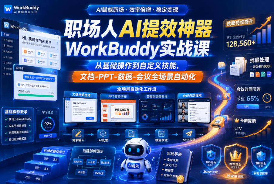 职场人AI提效神器WorkBuddy实战课，从基础操作到自定义技能，文档-PPT-数据-会议全场景自动化-16888副业资讯