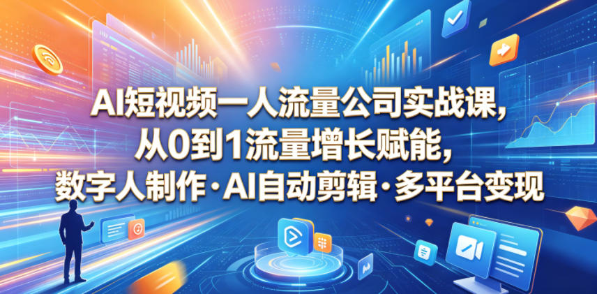 AI短视频一人流量公司实战课，从0到1流量增长赋能，数字人制作・AI自动剪辑・多平台变现，一人做流量生意全落地教程-16888副业资讯