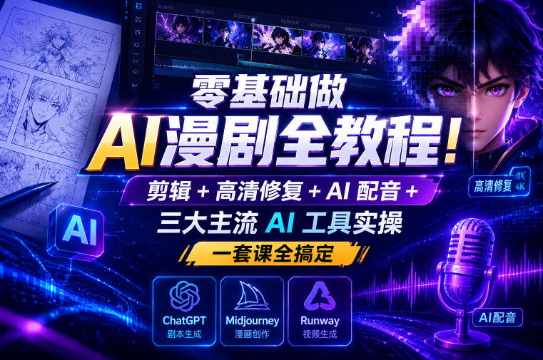 零基础做AI漫剧全教程！剪辑+高清修复+AI配音+三大主流AI工具实操，一套课全搞定-16888副业资讯