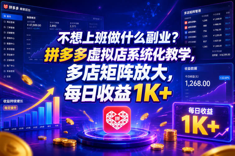 不想上班做什么副业？拼多多虚拟店系统化教学，多店矩阵放大，每日收益1K+【揭秘】-16888副业资讯