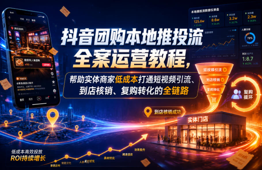 抖音团购本地推投流全案运营教程，帮助实体商家低成本打通短视频引流、到店核销、复购转化的全链路-16888副业资讯