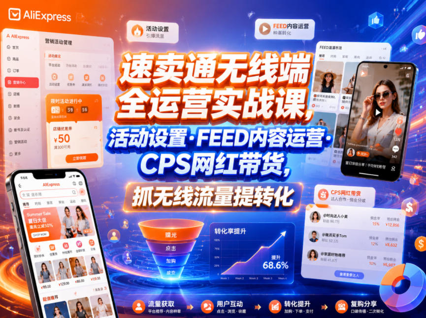速卖通无线端全运营实战课，活动设置・FEED内容运营・CPS网红带货，抓无线流量提转化-16888副业资讯