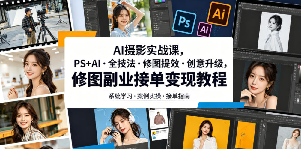 AI摄影实战课，PS+AI・全技法・修图提效・创意升级，修图副业接单变现教程-16888副业资讯
