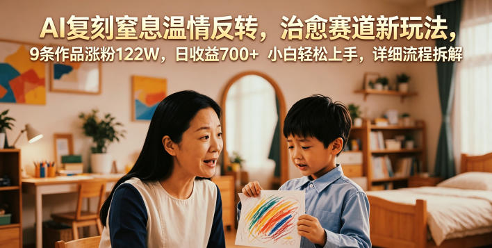 AI复刻窒息温情反转，治愈赛道新玩法，9条作品涨粉122W，日收益700+ 小白轻松上手，详细流程拆解-16888副业资讯