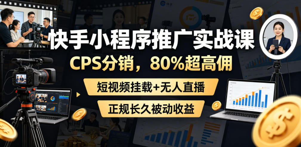 快手小程序推广实战课，CPS分销，80%超高佣，短视频挂载+无人直播，正规长久被动收益-16888副业资讯