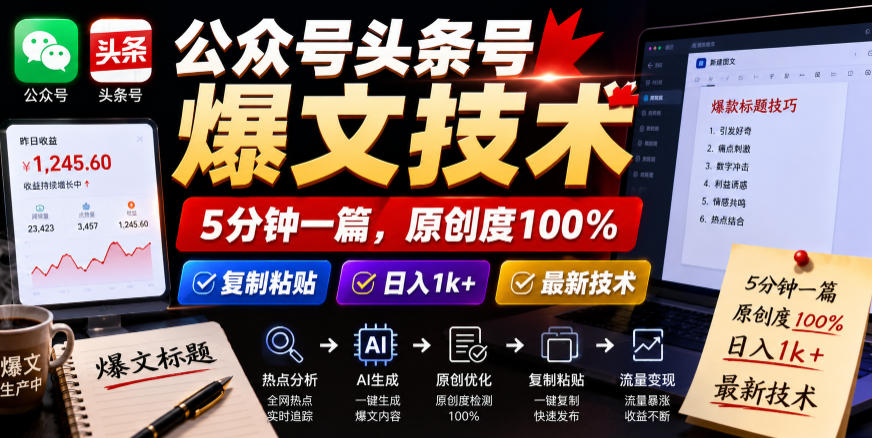 公众号头条号爆文技术，5分钟一篇，原创度100%，复制粘贴，日入1k+，最新技术【揭秘】-16888副业资讯