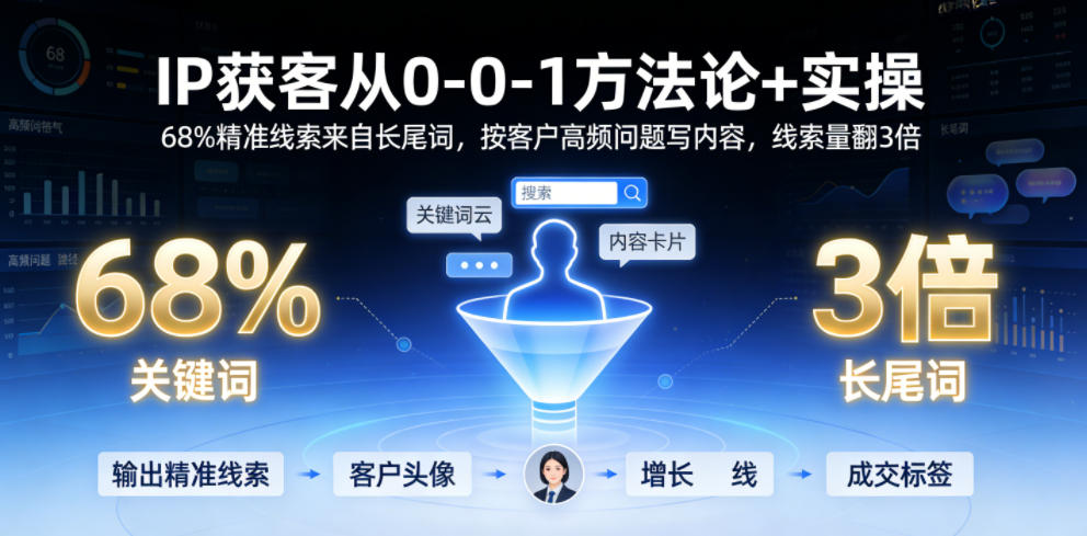 IP获客从0-1方法论+实操，68%精准线索来自长尾词，按客户高频问题写内容，线索量翻3倍-16888副业资讯