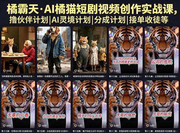 橘霸天·AI橘猫短剧视频创作实战课,撸伙伴计划|AI灵境计划|分成计划|接单收徒等