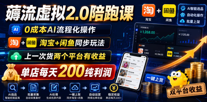 薅流虚拟2.0陪跑课，0成本AI流程化操作，淘宝+闲鱼同步玩法，上一次货两个平台有收益，单店每天200纯利润-16888副业资讯