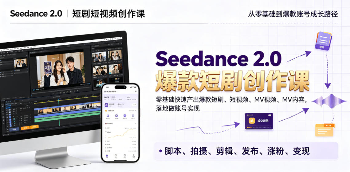 Seedance 2.0短剧短视频创作课，零基础快速产出爆款短剧、短视频、MV内容，落地做账号实现变现-16888副业资讯