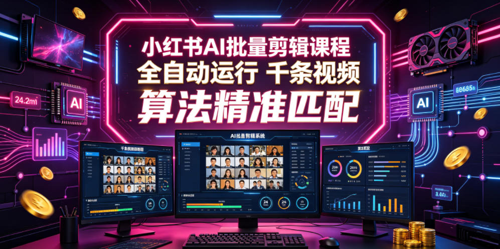 小红书AI批量剪辑课程，24小时全自动运行，解放双手专注运营，千条视频批量处理，小红书算法精准匹配-16888副业资讯