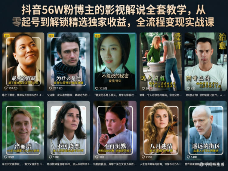 抖音56W粉博主的影视解说全套教学，从零起号到解锁精选独家收益，全流程变现实战课-16888副业资讯