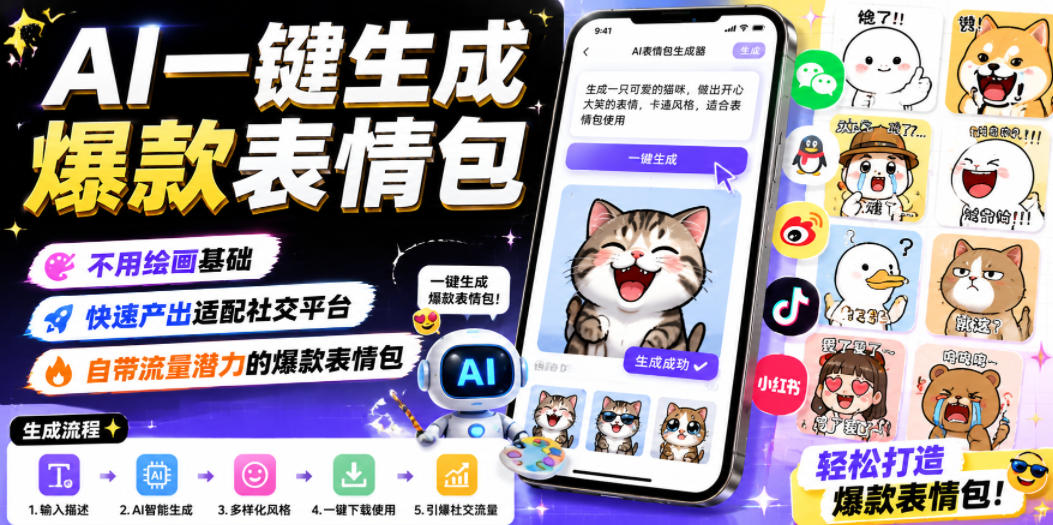 AI一键生成爆款表情包，不用绘画基础，快速产出适配社交平台，自带流量潜力的爆款表情包-16888副业资讯