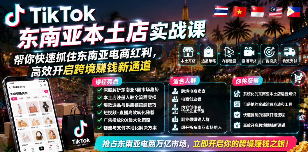 TikTok东南亚本土店实战课，帮你快速抓住东南亚电商红利，高效开启跨境賺钱新通道-16888副业资讯